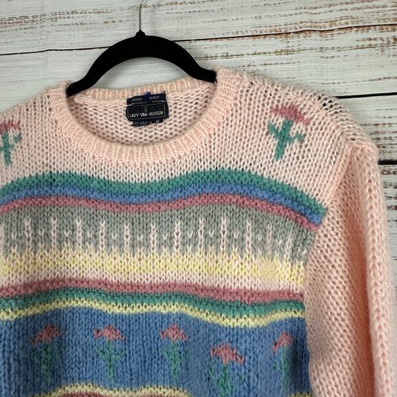 Women VTG Lady Van Heusen Pink Pastel Acrylic Hand Knit Sweater Cottage Granny M - Picture 3 of 5